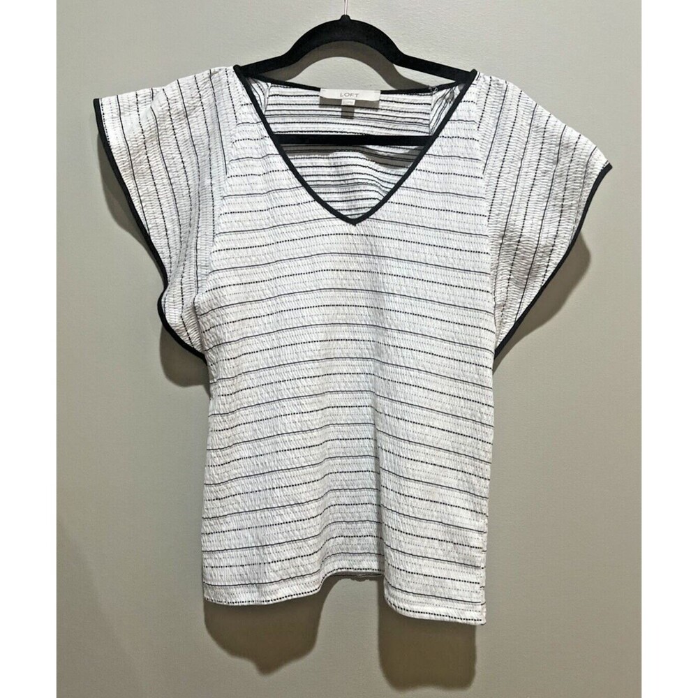 Loft White with Black Striped V-Neck Flutter Short Sleeve Top - Large